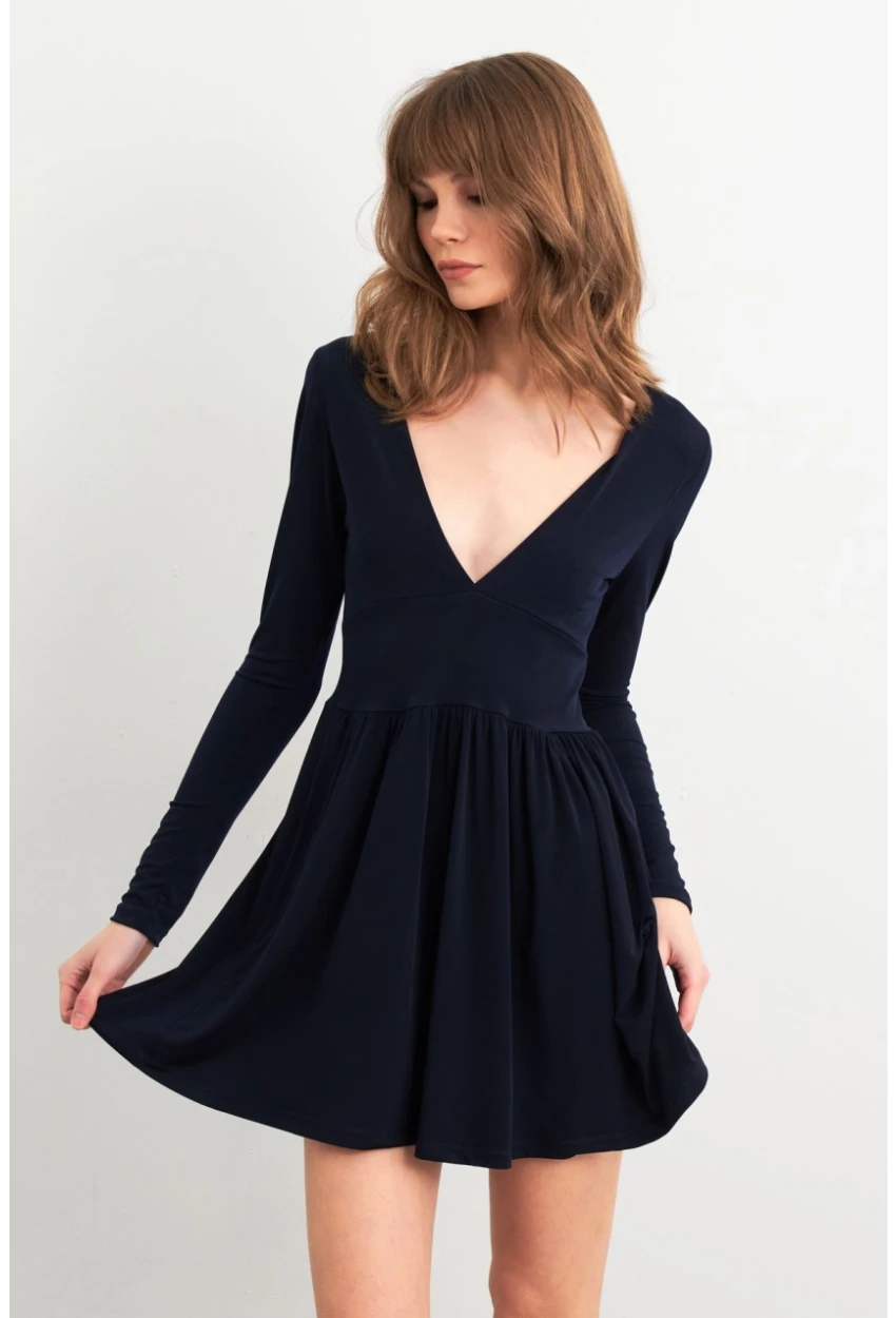 Kadın Lacivert V Yaka Mini Elbise LİK17