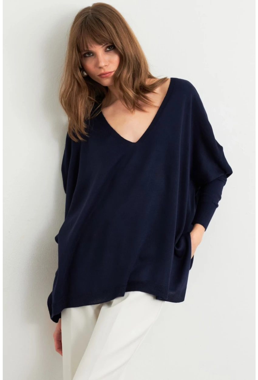 Kadın Lacivert V Yaka Salaş Bluz YV304