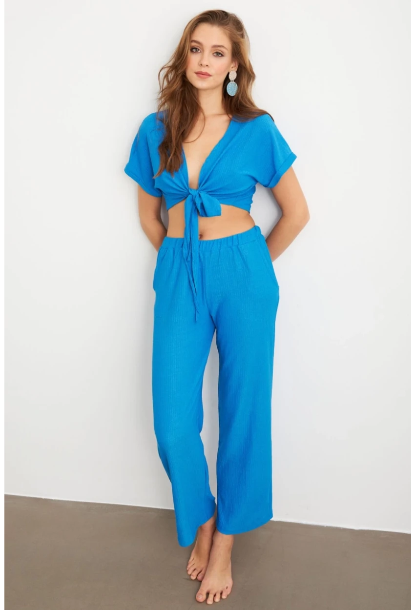 Kadın Mavi Bağlamalı Bürümcük Takım Q1012