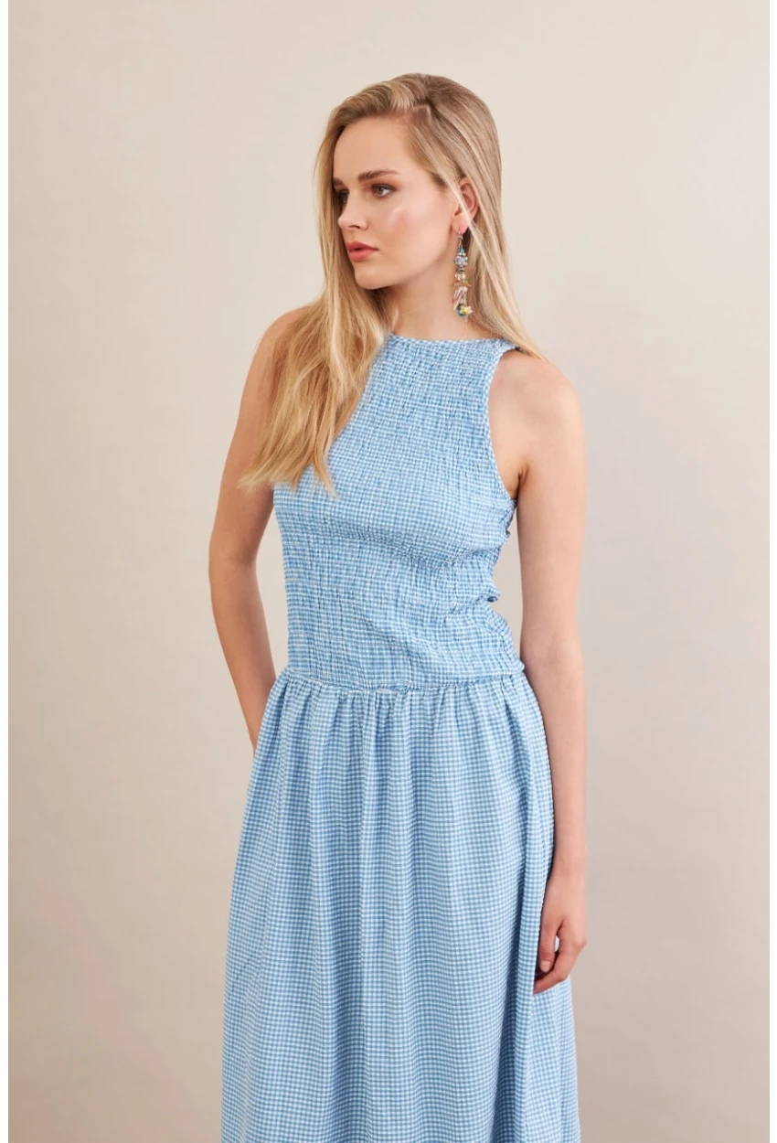 Kadın Mavi Beli Lastikli Gipeli Midi Elbise ZH130