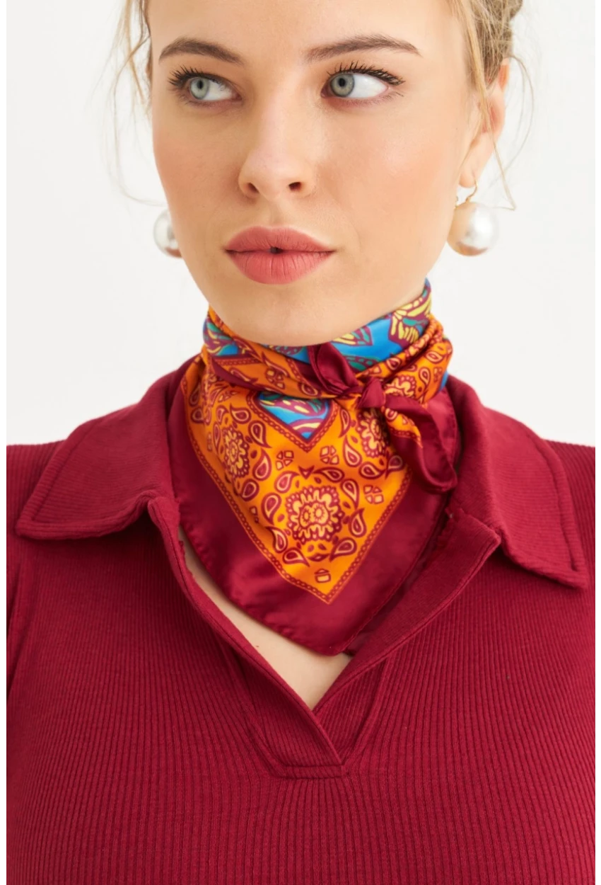 Kadın Mavi-Bordo Saten Fular FİR100