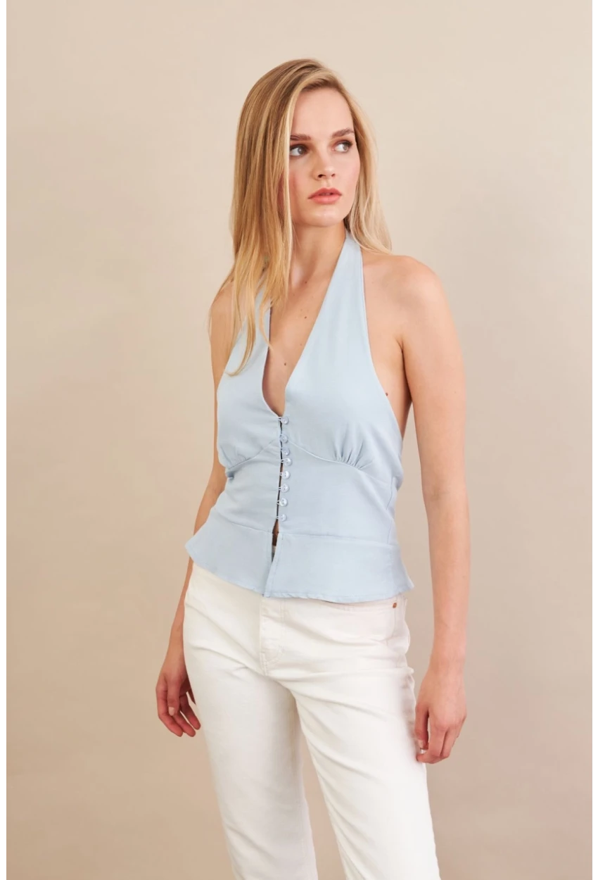 Kadın Mavi Boyun Bağlamalı Keten Yelek FS129