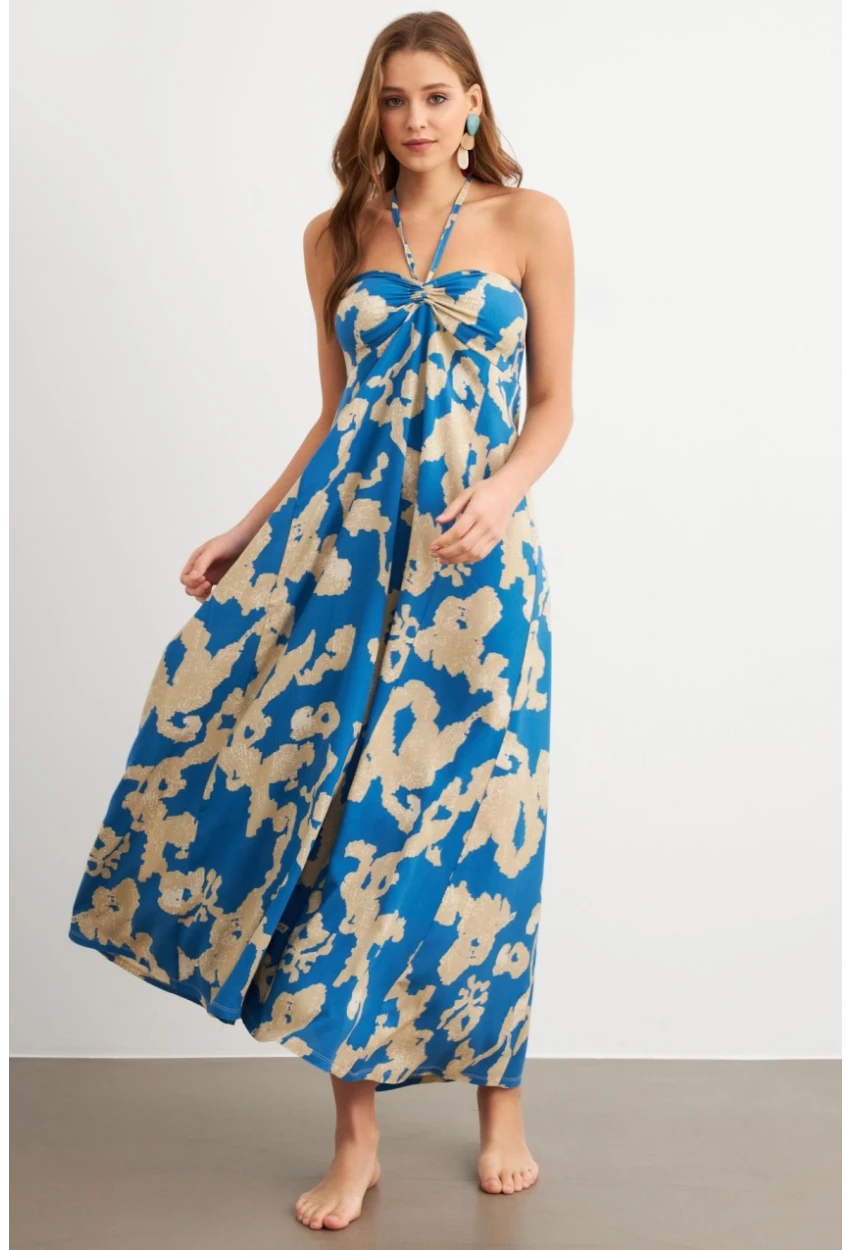 Kadın Mavi Büzgülü Desenli Midi Elbise KAB304