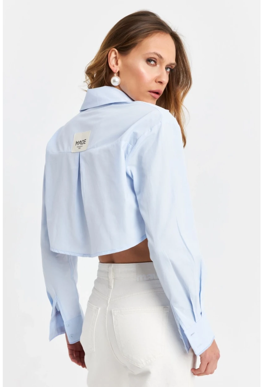 Kadın Mavi Cep Detaylı Crop Gömlek KED4205