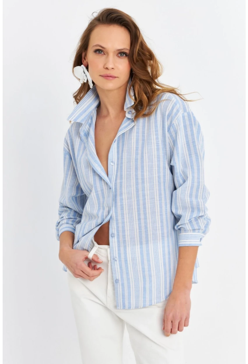 Kadın Mavi Çizgili Keten Gömlek ROP102
