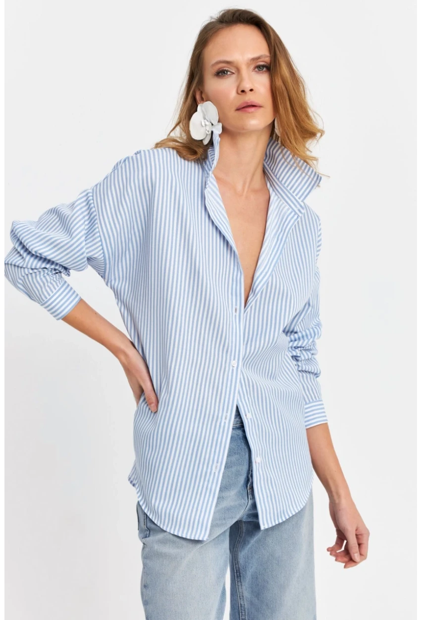 Kadın Mavi Çizgili Oversize Gömlek ZER420