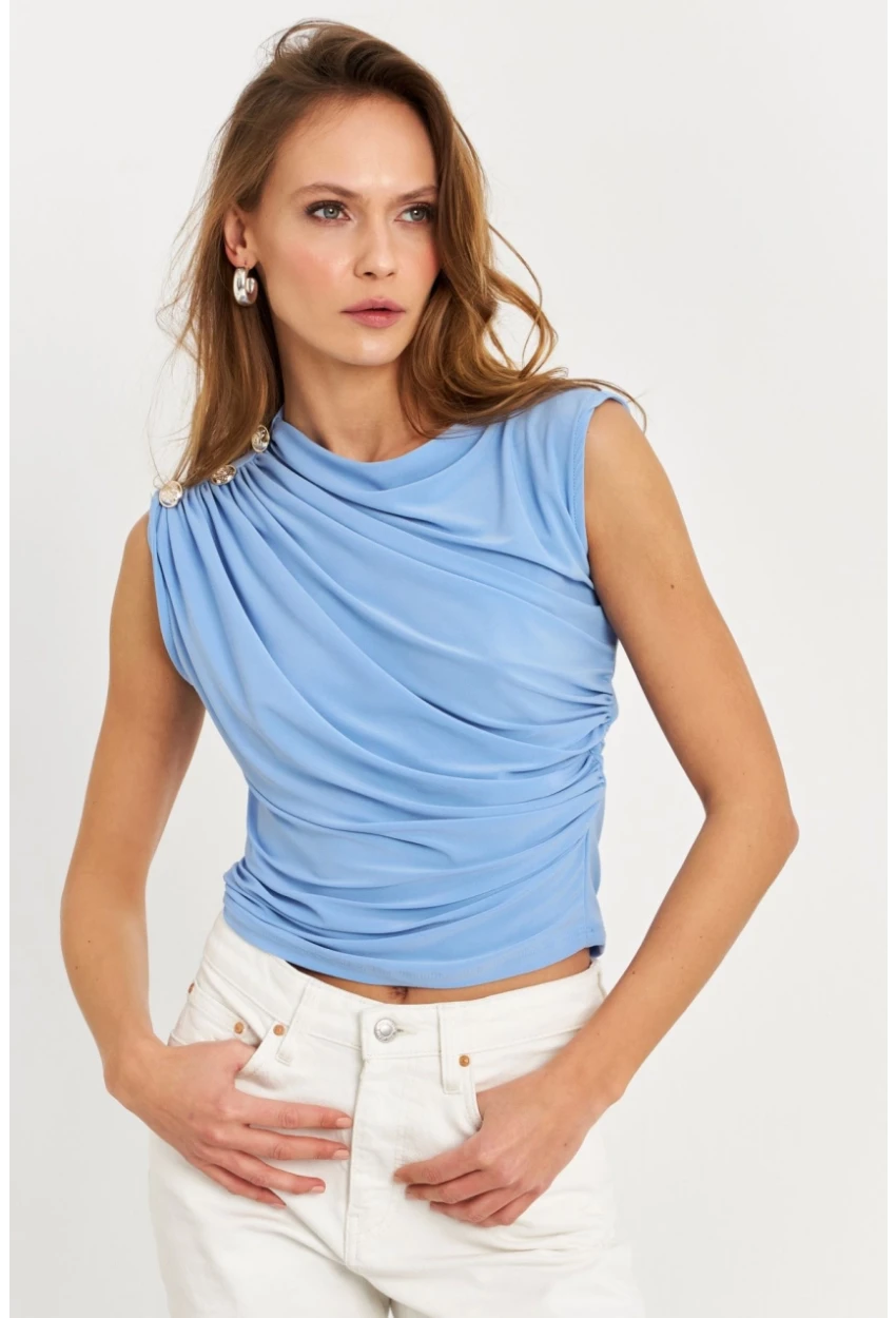 Kadın Mavi Düğme Detaylı Büzgülü Bluz LPP1205-1