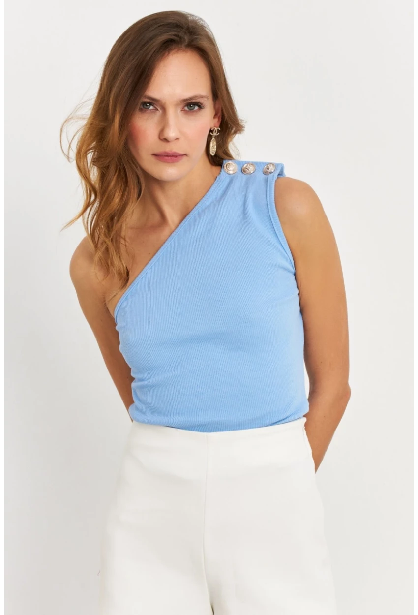 Kadın Mavi Düğme Detaylı Kaşkorse Bluz EY2711