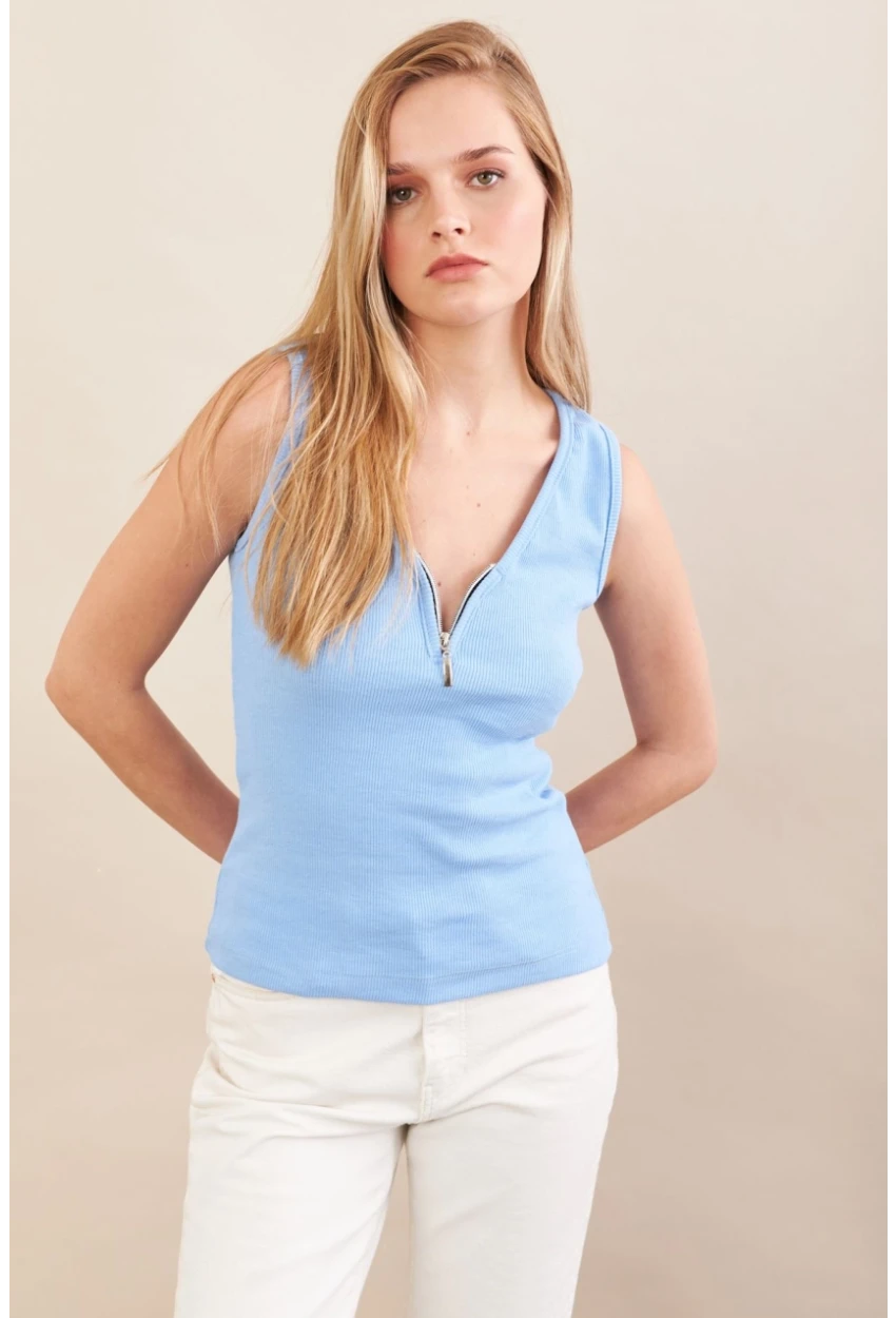 Kadın Mavi Fermuarlı Kaşkorse Bluz EY3106