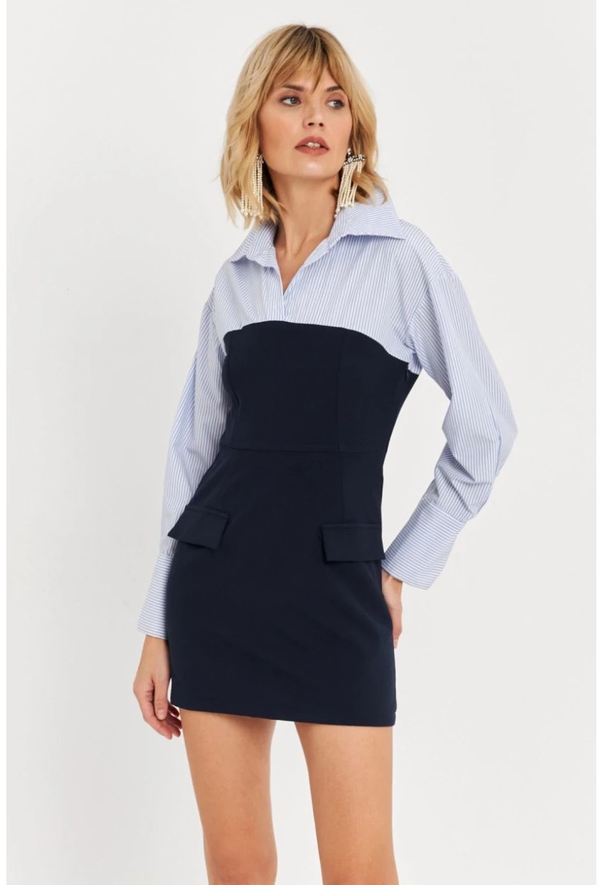 Kadın Mavi Gömlek Bloklu Mini Elbise KED3072