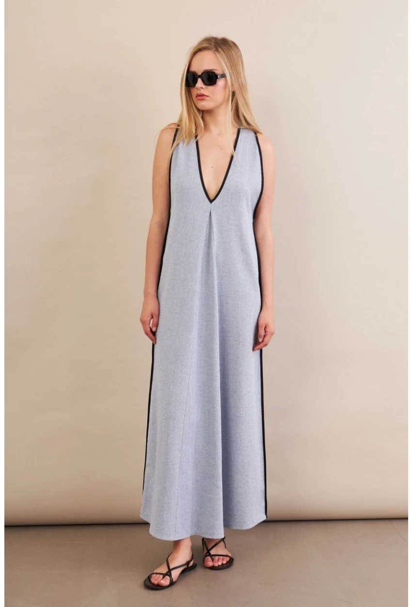 Kadın Mavi Kontrast Çizgili Maxi Keten Elbise MSİ101