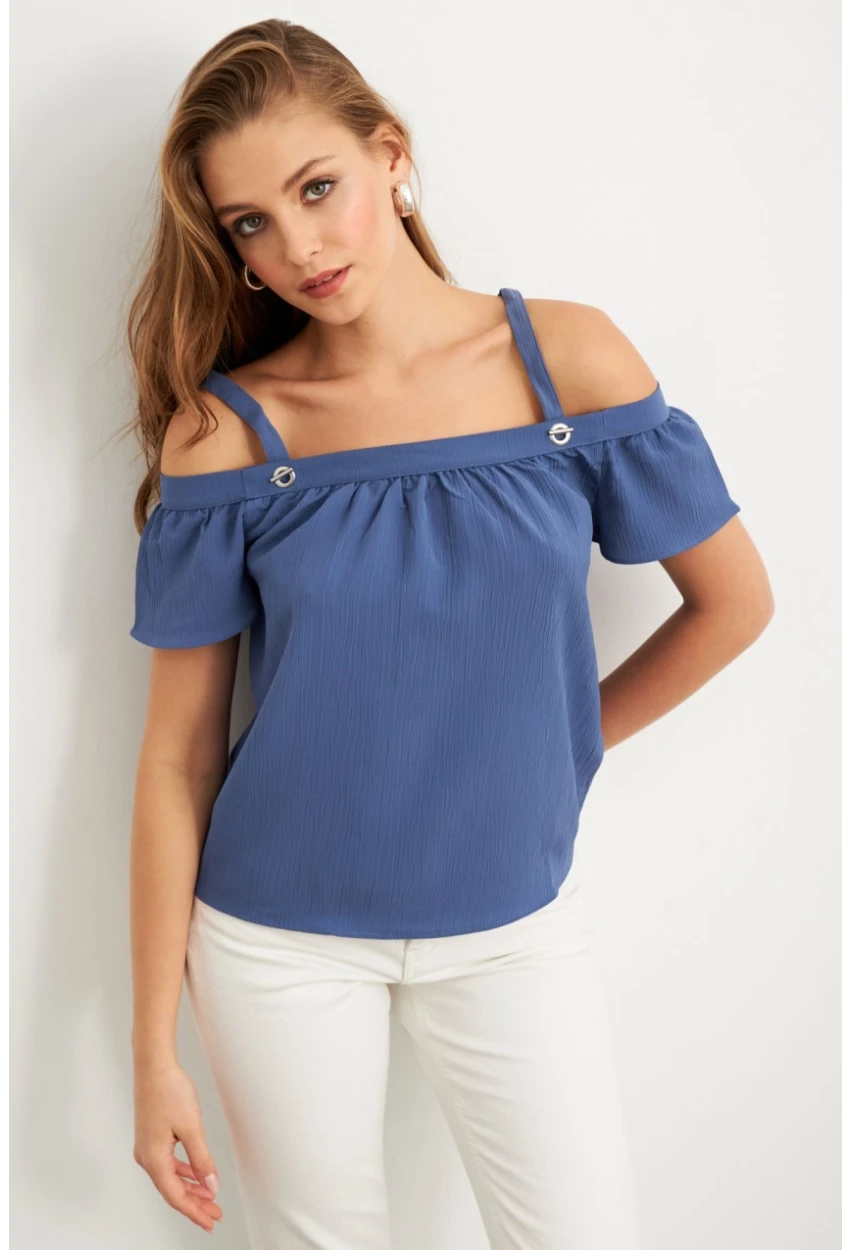 Kadın Mavi Kontrast Kollu Bürümcük Bluz RX452