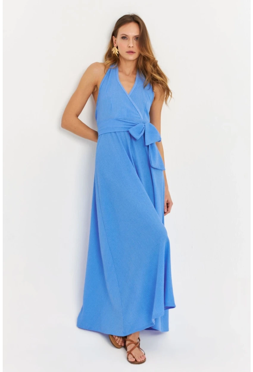 Kadın Mavi Kruvaze Bürümcük Maxi Elbise EY3053