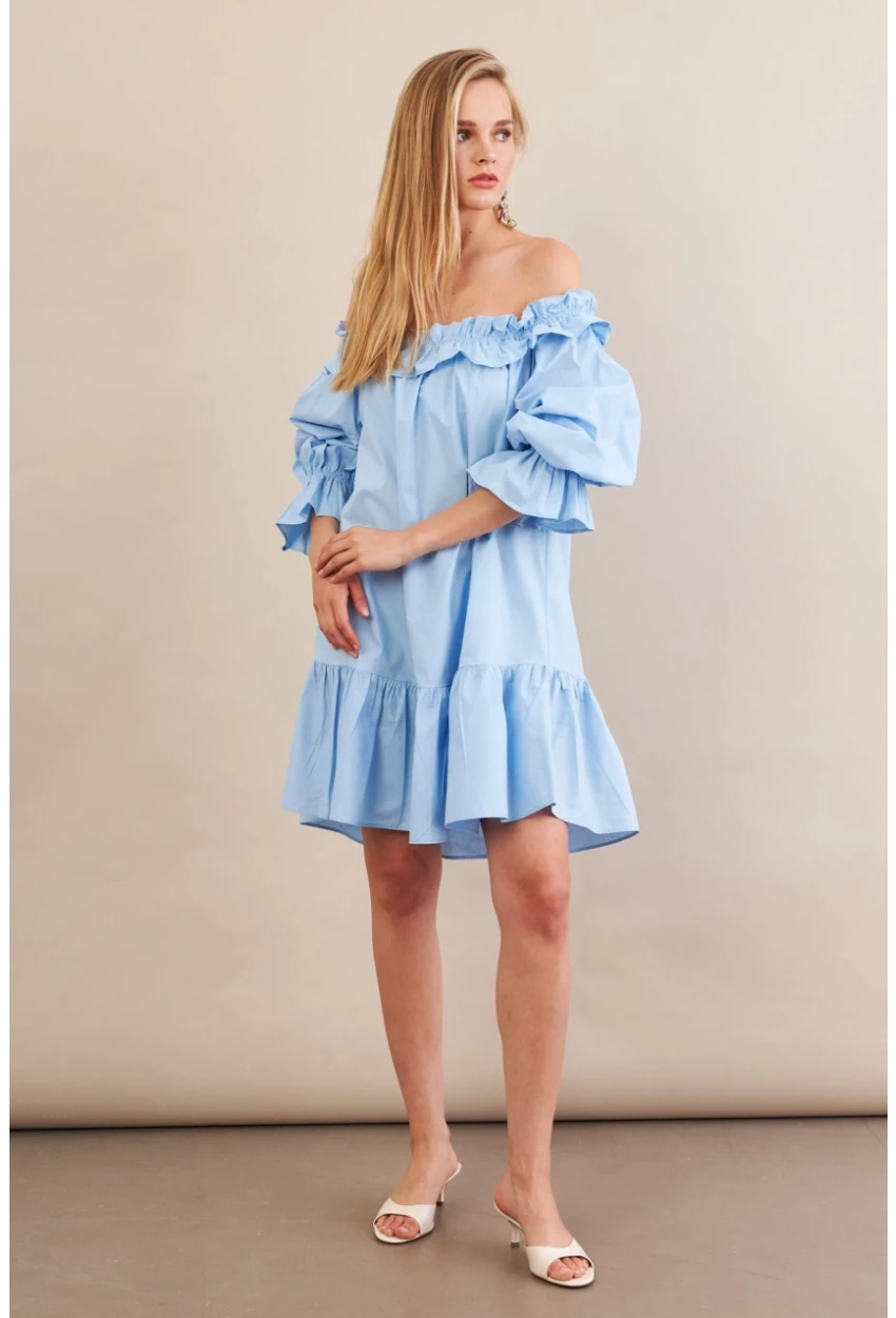 Kadın Mavi Madonna Yaka Midi Elbise PSG1012