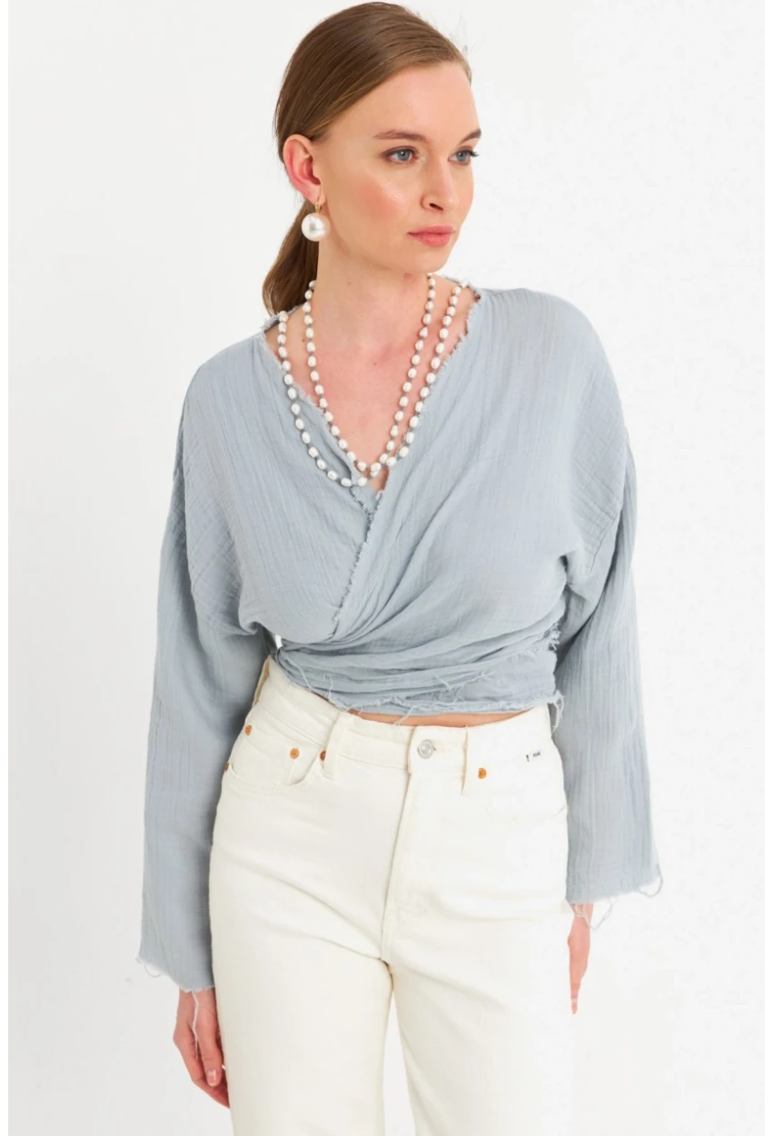 Kadın Mavi Müslin Crop Bluz PC20700