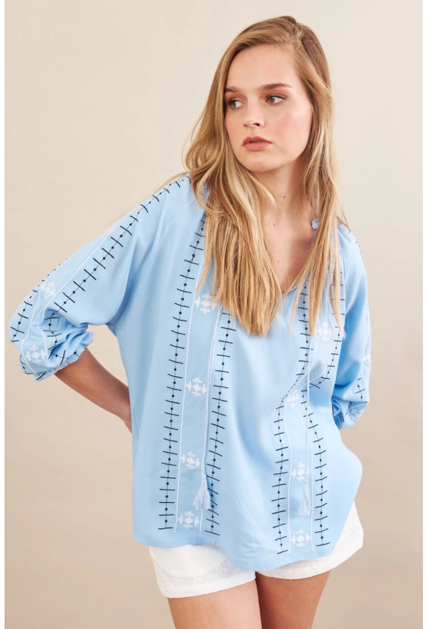 Kadın Mavi Nakışlı Bluz MPC1344