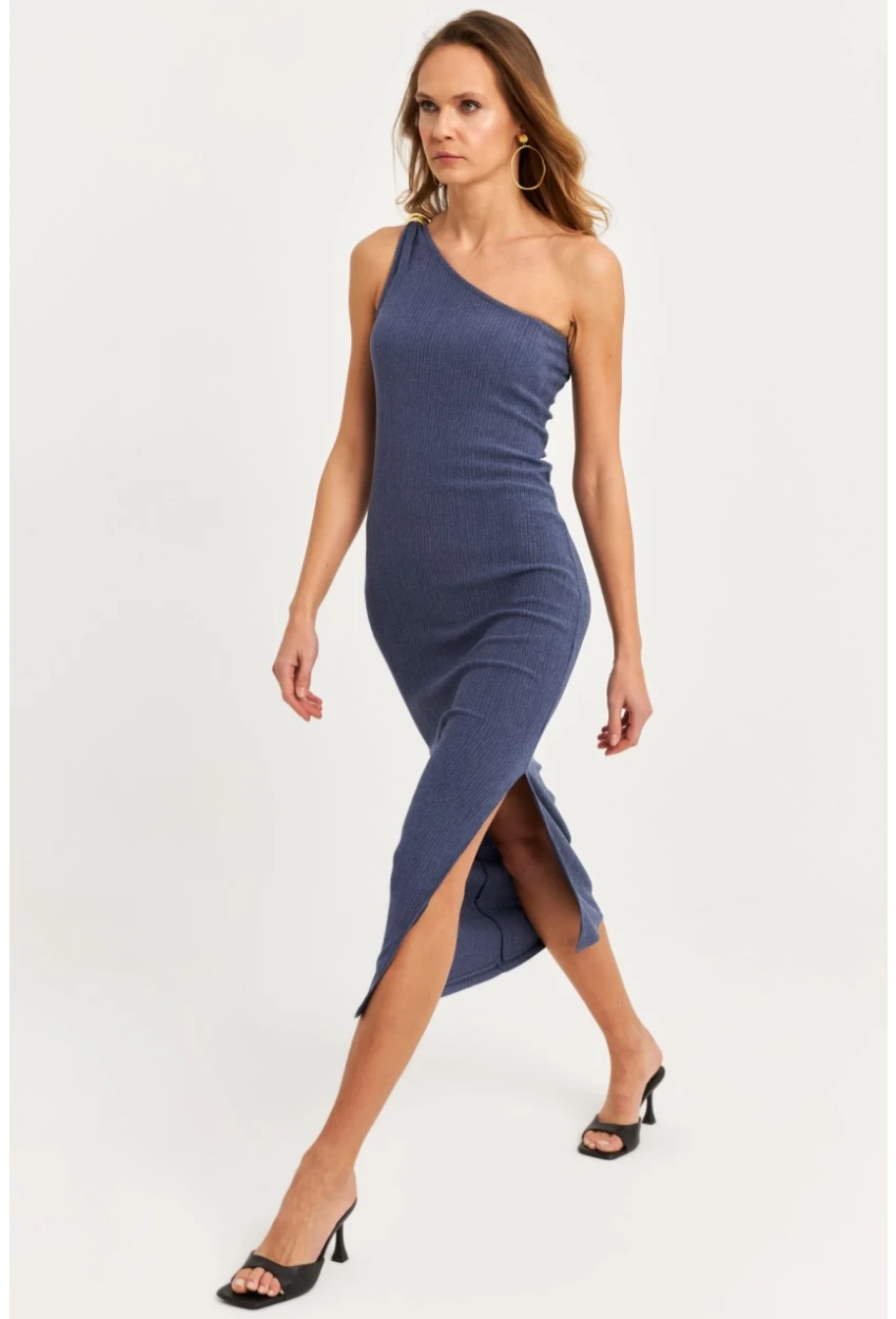 Kadın Mavi Omuz Aksesuarlı Kolsuz Midi Elbise MOD2400