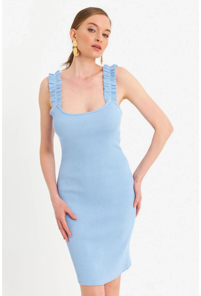 Kadın Mavi Omuz Bantlı Kaşkorse Mini Elbise URO203