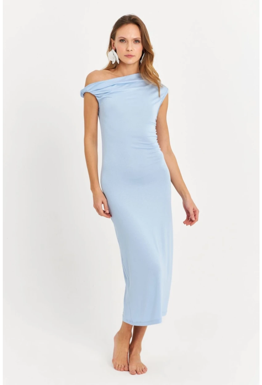 Kadın Mavi Omuz Düğümlü Degaje Midi Elbise EY3054