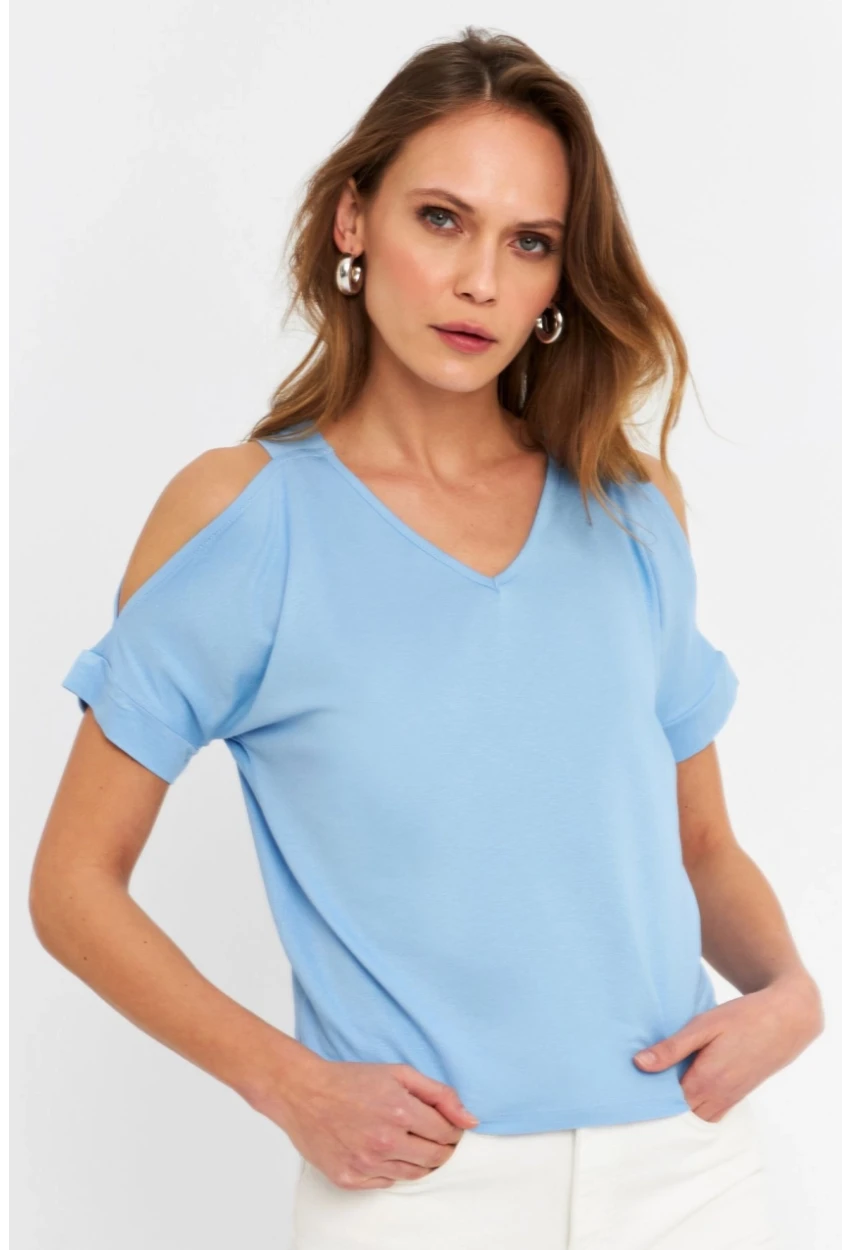 Kadın Mavi Omuzları Açık Bluz BR1329