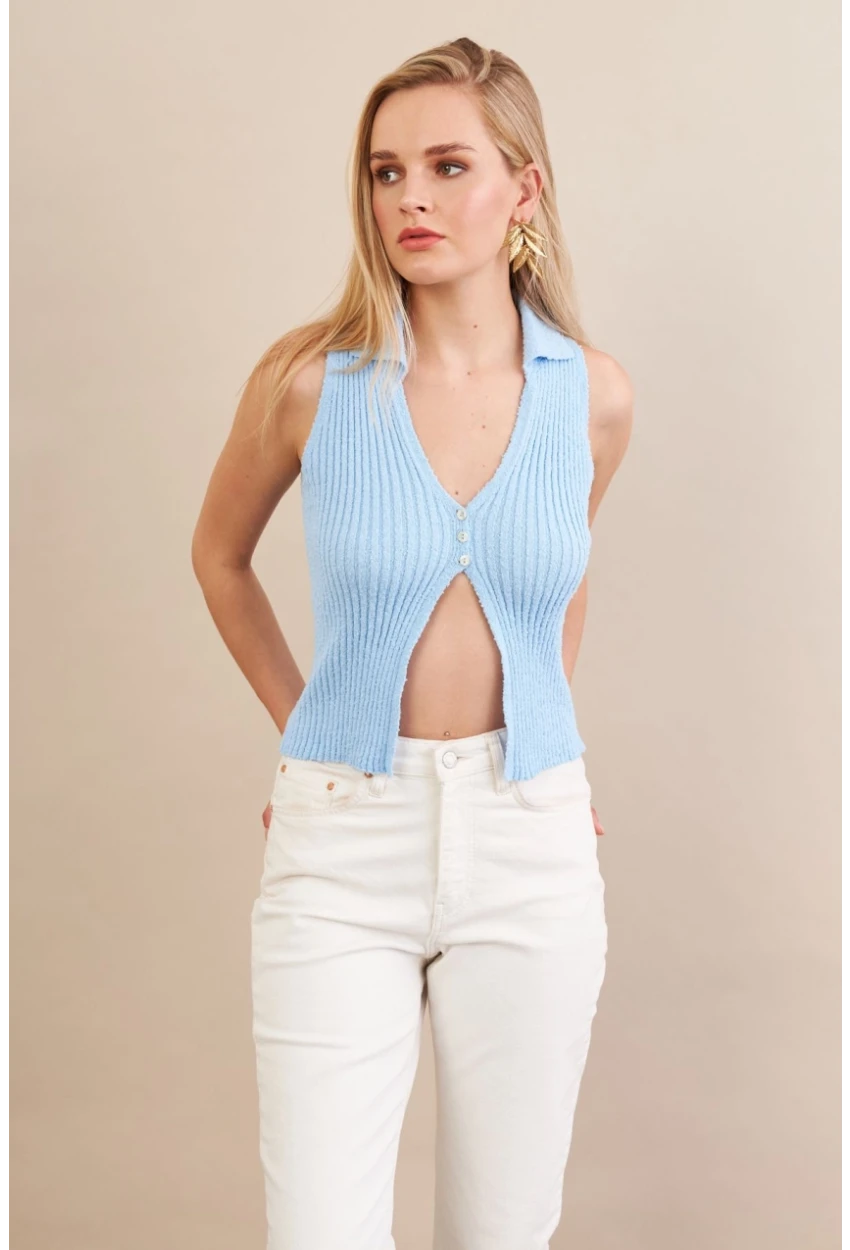 Kadın Mavi Polo Yaka Yumoş Yelek ZH050