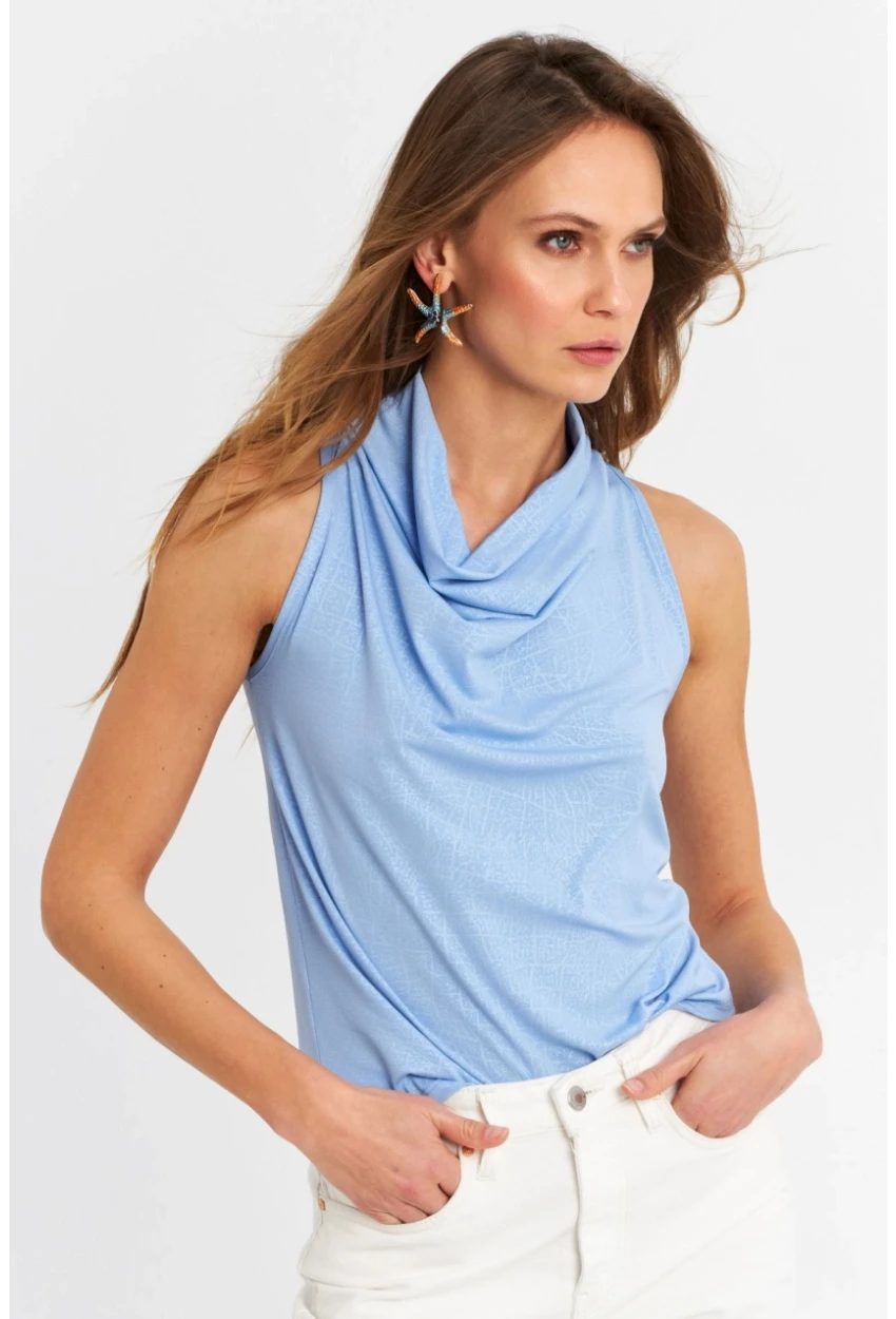 Kadın Mavi Sırt Pencereli Desenli Bluz LPP1021