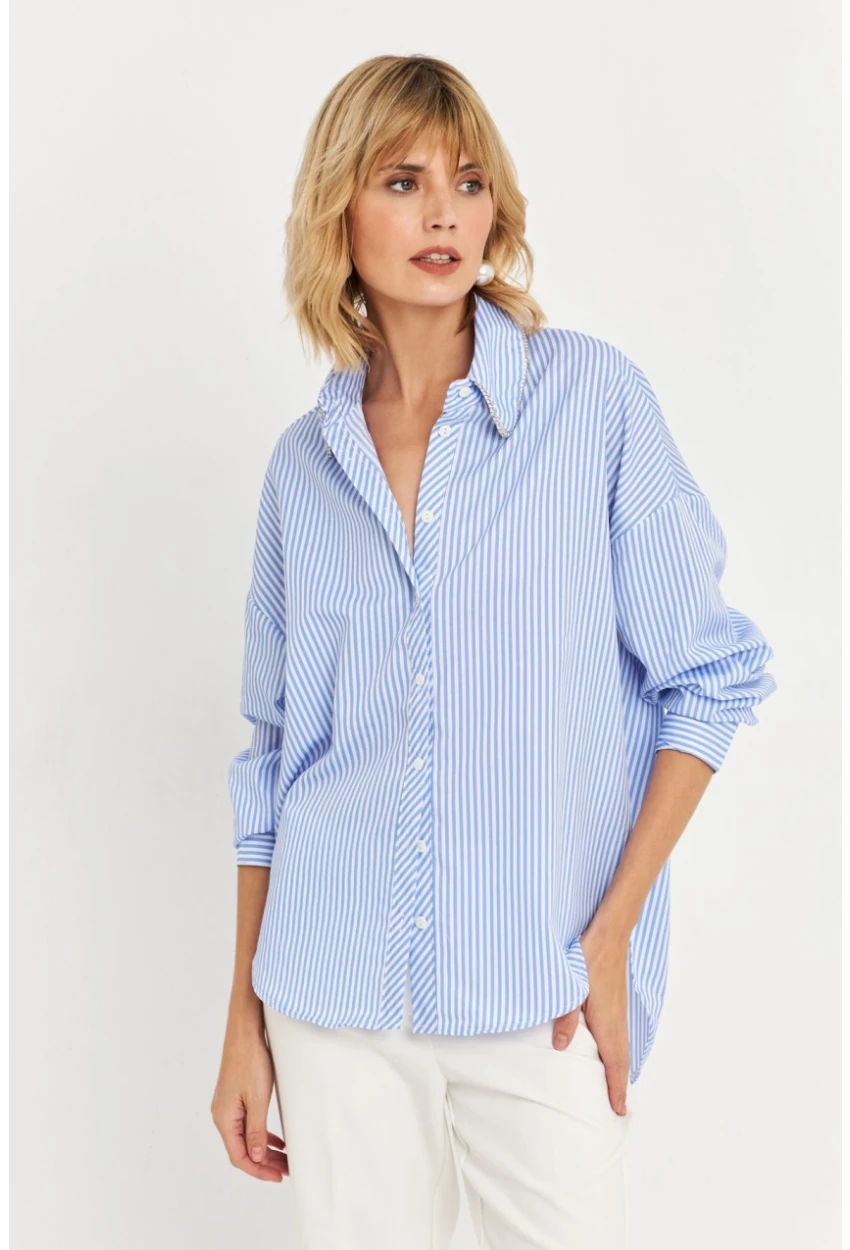 Kadın Mavi Taş Detaylı Çizgili Gömlek KED4088