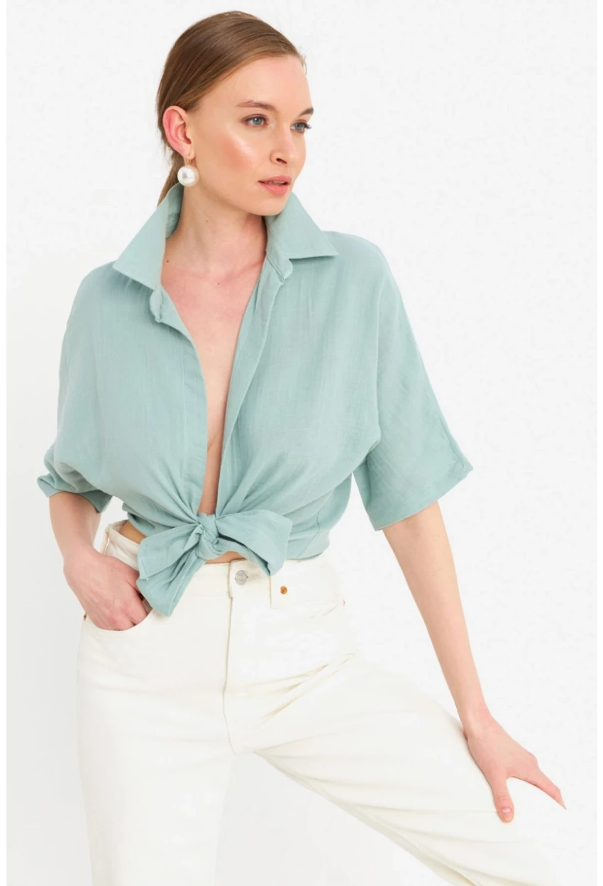 Kadın Mint Bağlamalı Keten Bluz BTH16