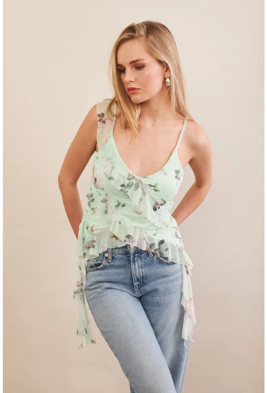 Kadın Mint Desenli Fırfırlı Şifon Bluz FS033