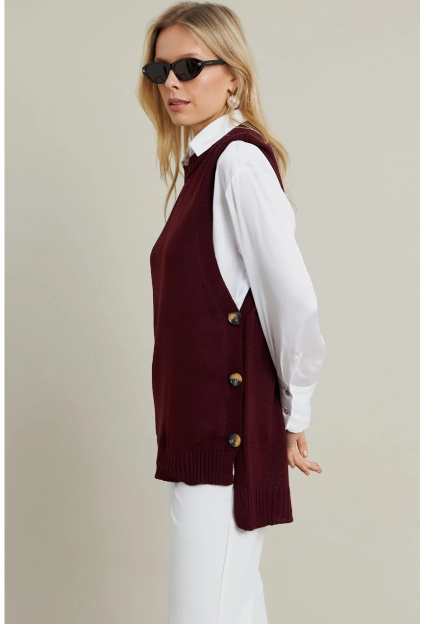 Kadın Mürdüm Yanları Düğmeli Kolsuz Triko Tunik YV75