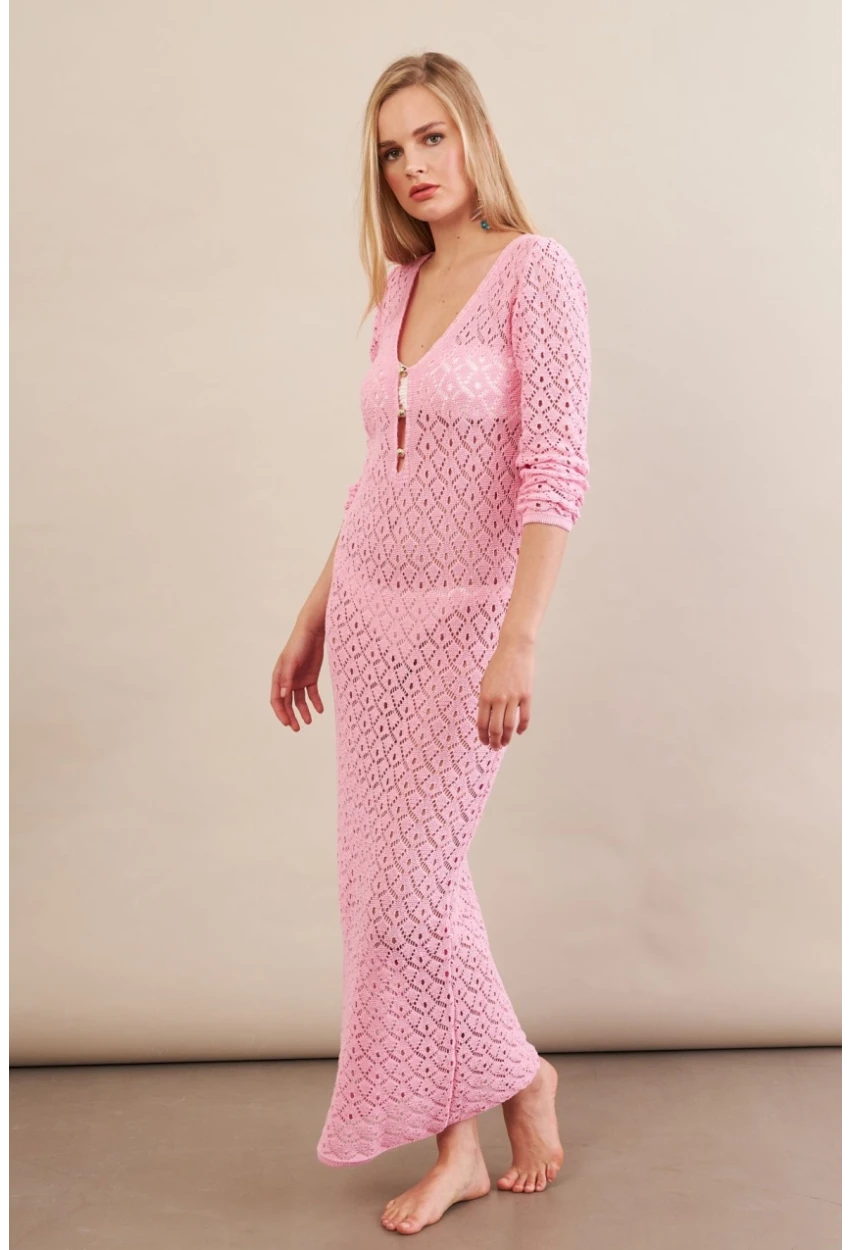 Kadın Pembe Aksesuarlı Triko Plaj Elbisesi KZ3237-90