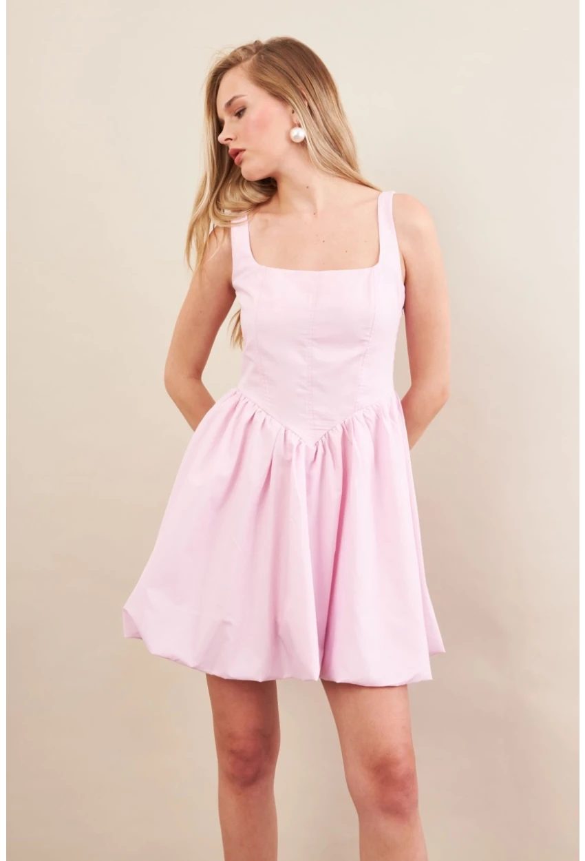Kadın Pembe Askılı Mini Balon Elbise ERL105