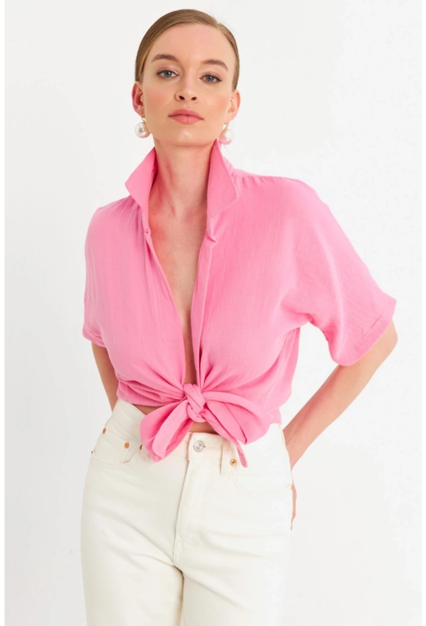 Kadın Pembe Bağlamalı Keten Bluz BTH16