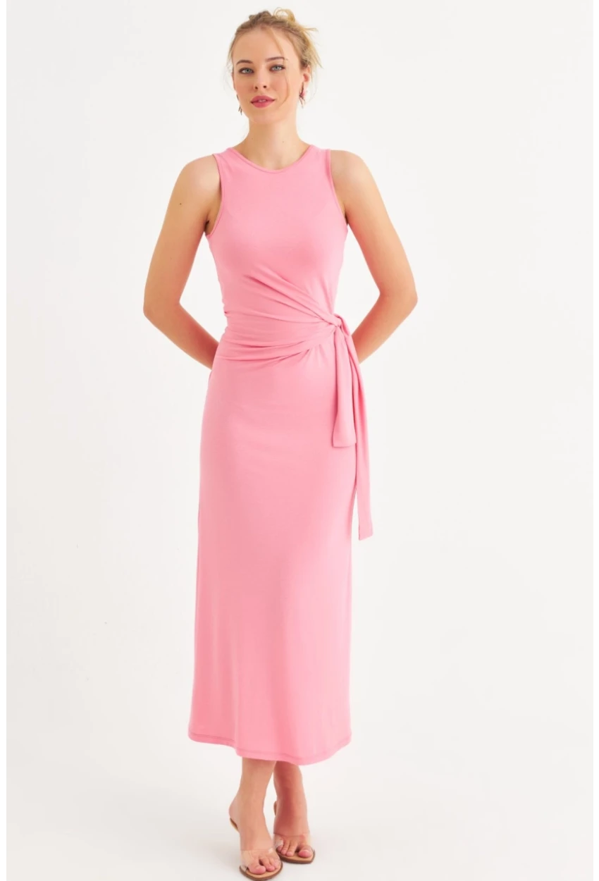 Kadın Pembe Büzgülü Kolsuz Midi Elbise TF75