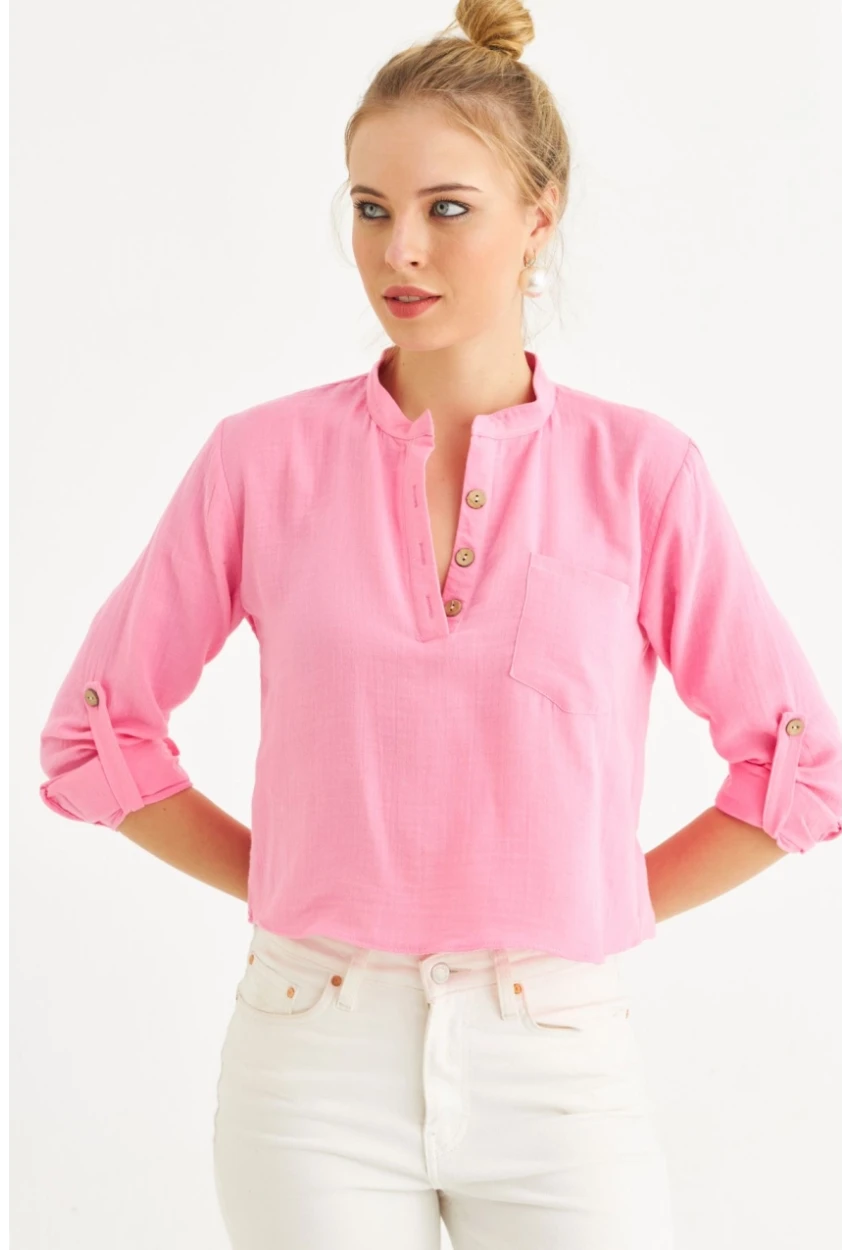 Kadın Pembe Düğmeli Keten Gömlek Bluz BTH17