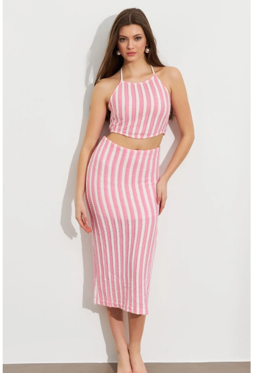 Kadın Pembe Etekli Triko Takım ROP108