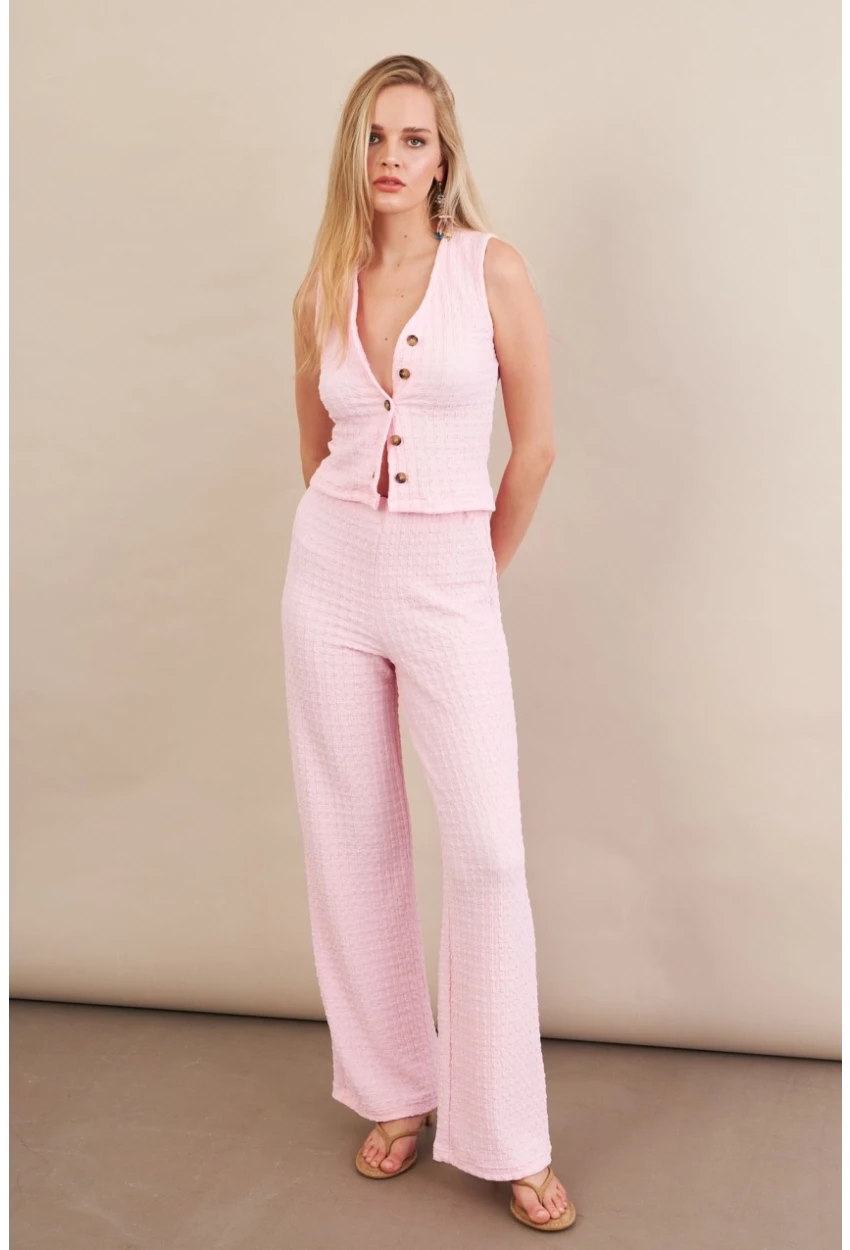 Kadın Pembe Gofre Yelek Pantalon Takım FLU330