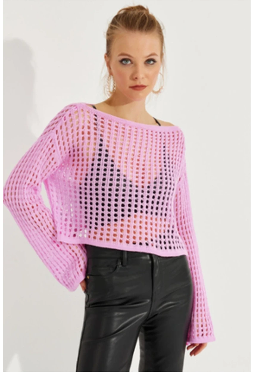 Kadın Pembe İspanyol Kol Ajurlu Triko Kısa Bluz SMT181