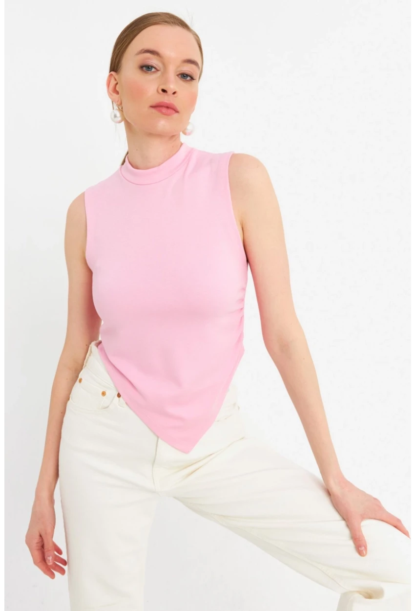 Kadın Pembe Kolsuz Crop Bluz ZH07