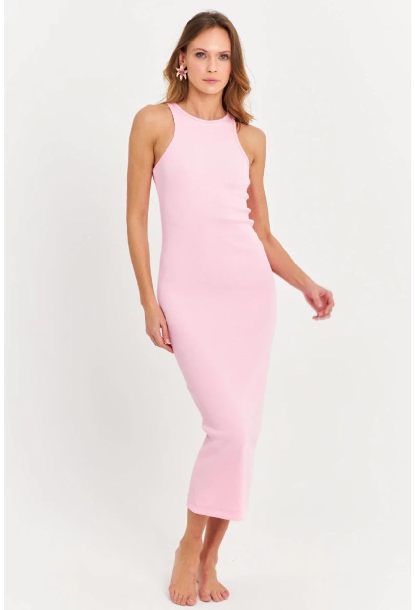 Kadın Pembe Kolsuz Kaşkorse Midi Elbise EY3049