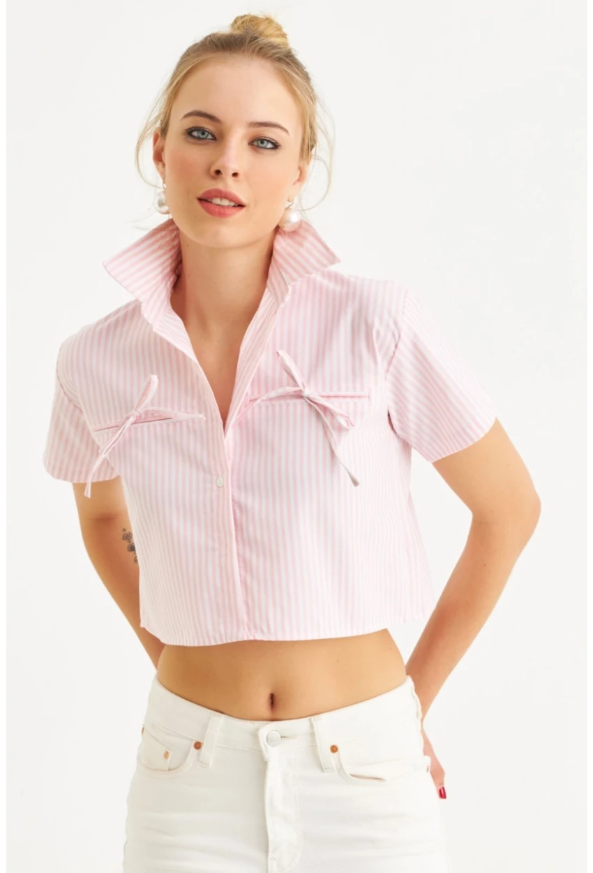 Kadın Pembe Kurdele Detaylı Crop Gömlek MPC302