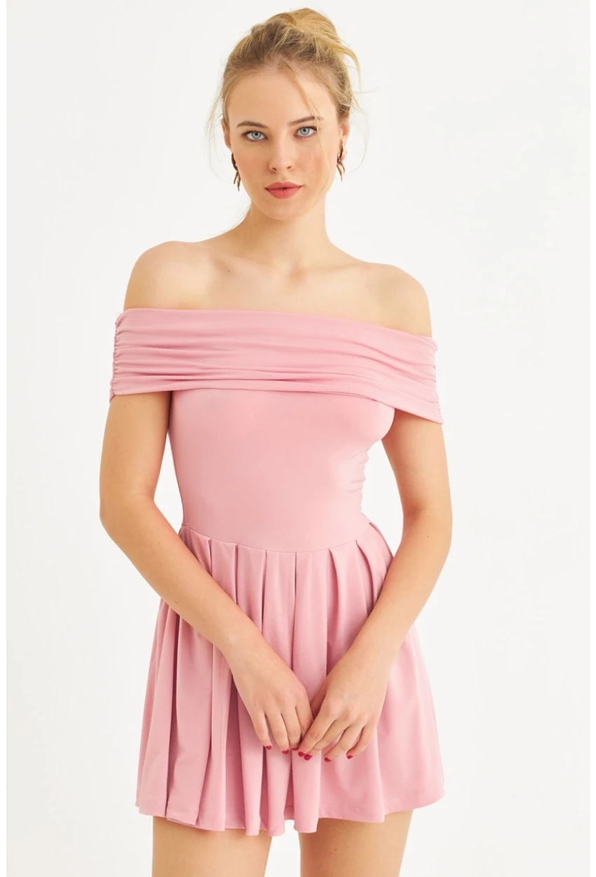 Kadın Pembe Madonna Yaka Midi Elbise MON1262-1