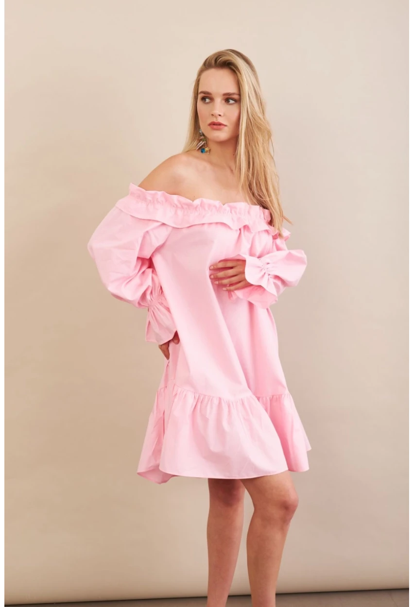 Kadın Pembe Madonna Yaka Midi Elbise PSG1012