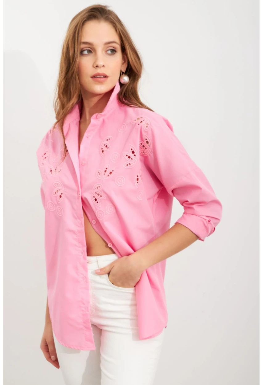 Kadın Pembe Nakışlı Gömlek DAF5017