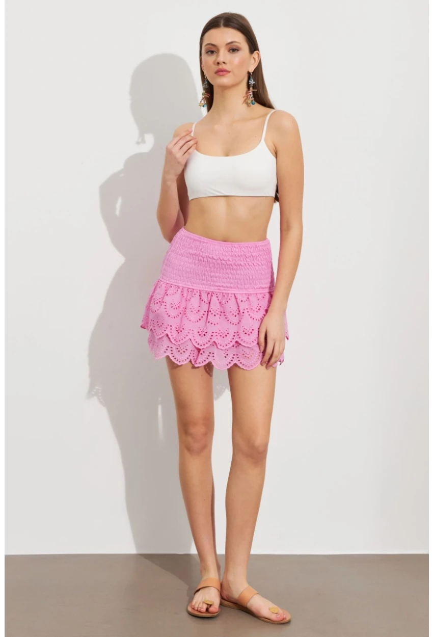 Kadın Pembe Nakışlı Mini Etek ZH111