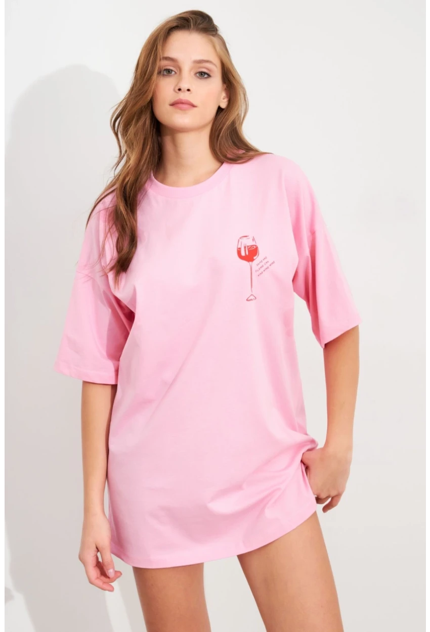 Kadın Pembe Oversize Pijama T-Shirt TPG14