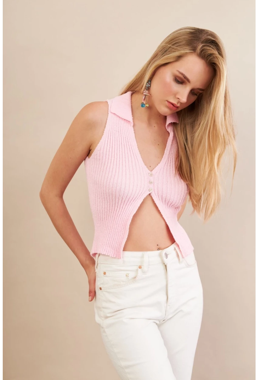 Kadın Pembe Polo Yaka Yumoş Yelek ZH050