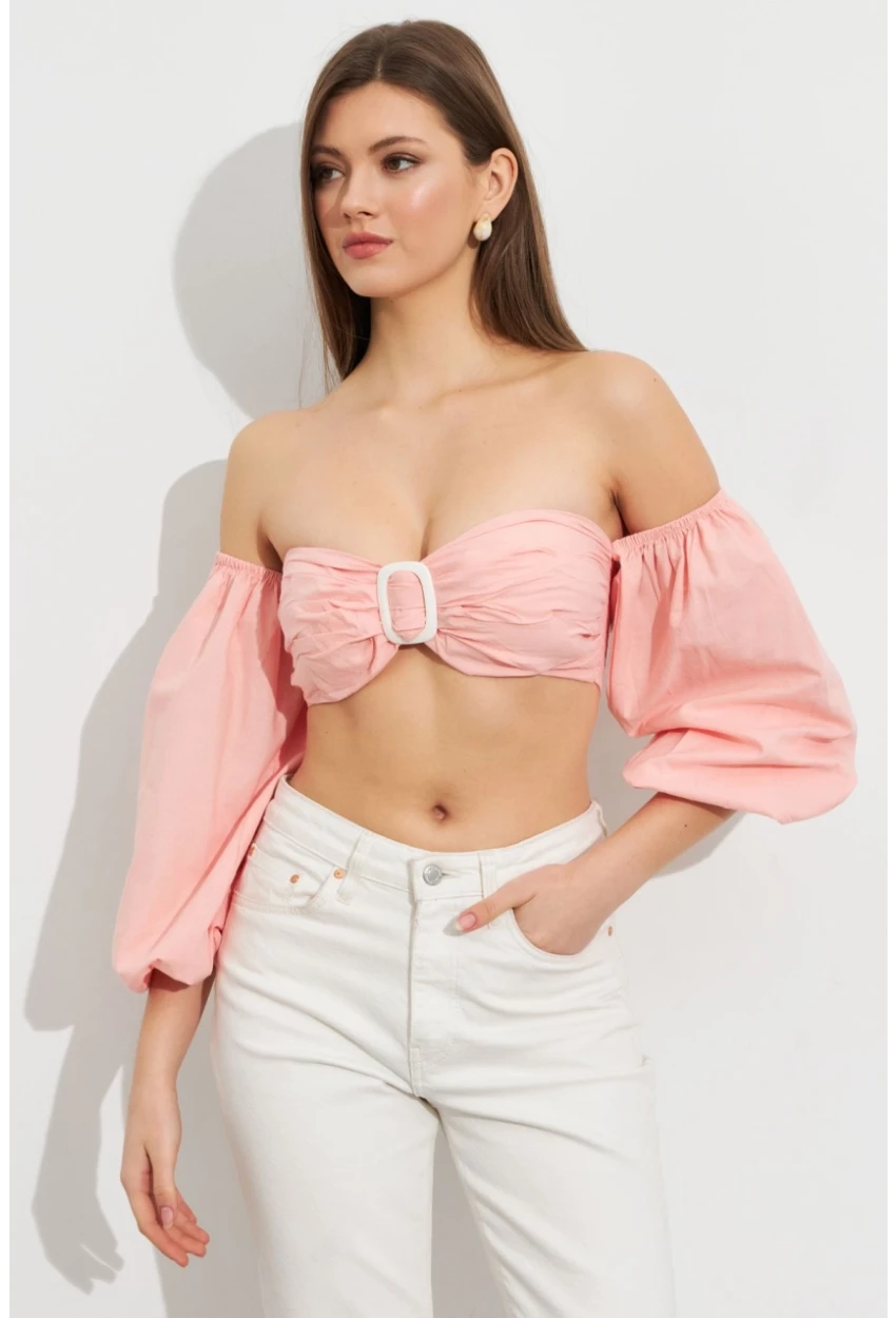 Kadın Pudra Balon Kol Crop Bluz ROP111