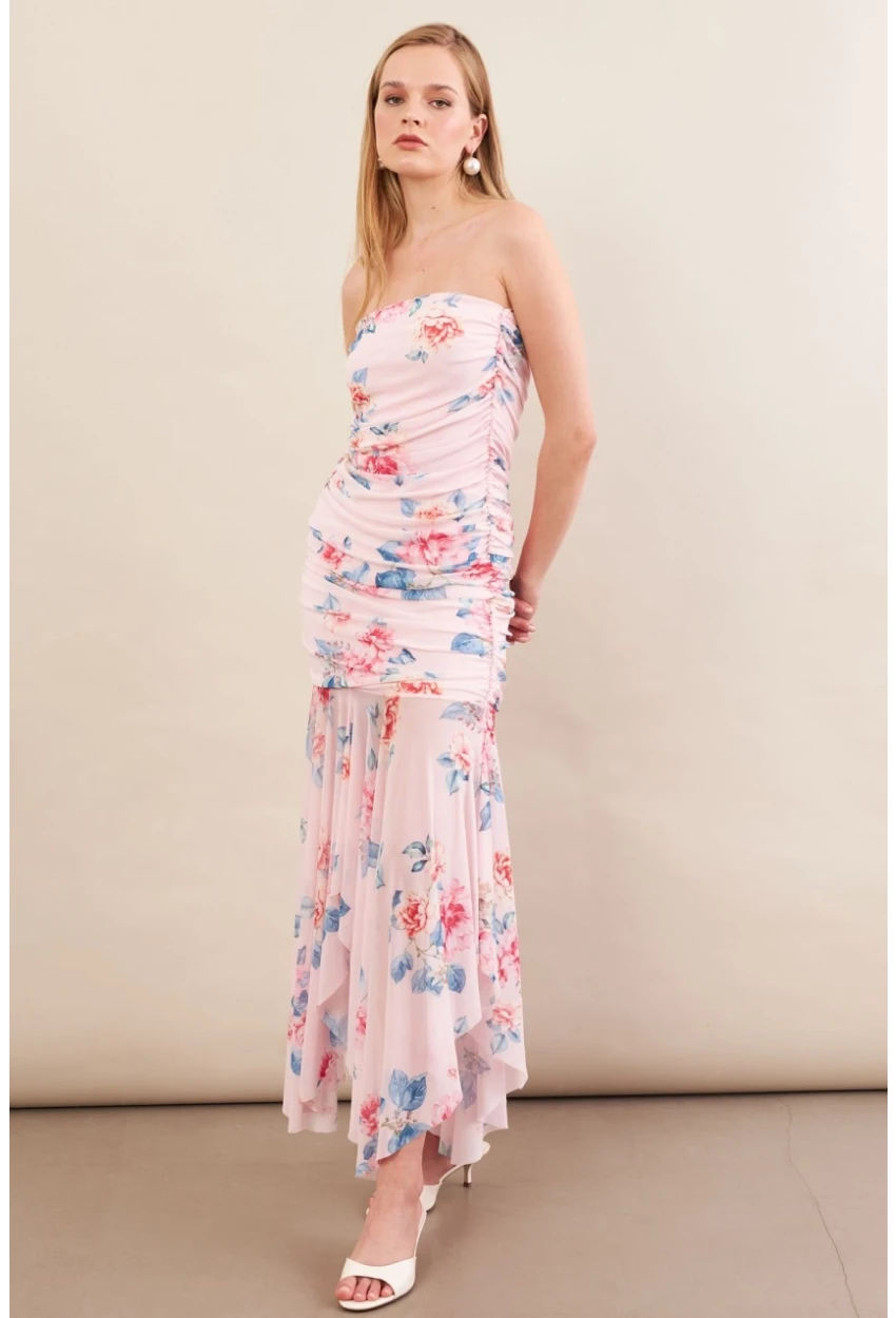 Kadın Pudra Drapeli Straplez Midi Tül Elbise ERL101