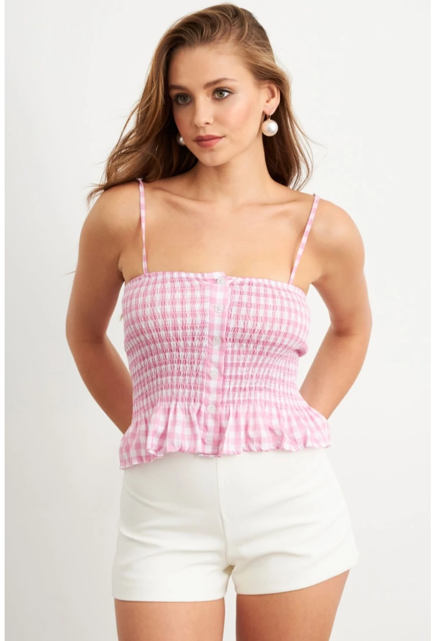 Kadın Pudra Ekose Lastikli Crop Bluz MTK13397